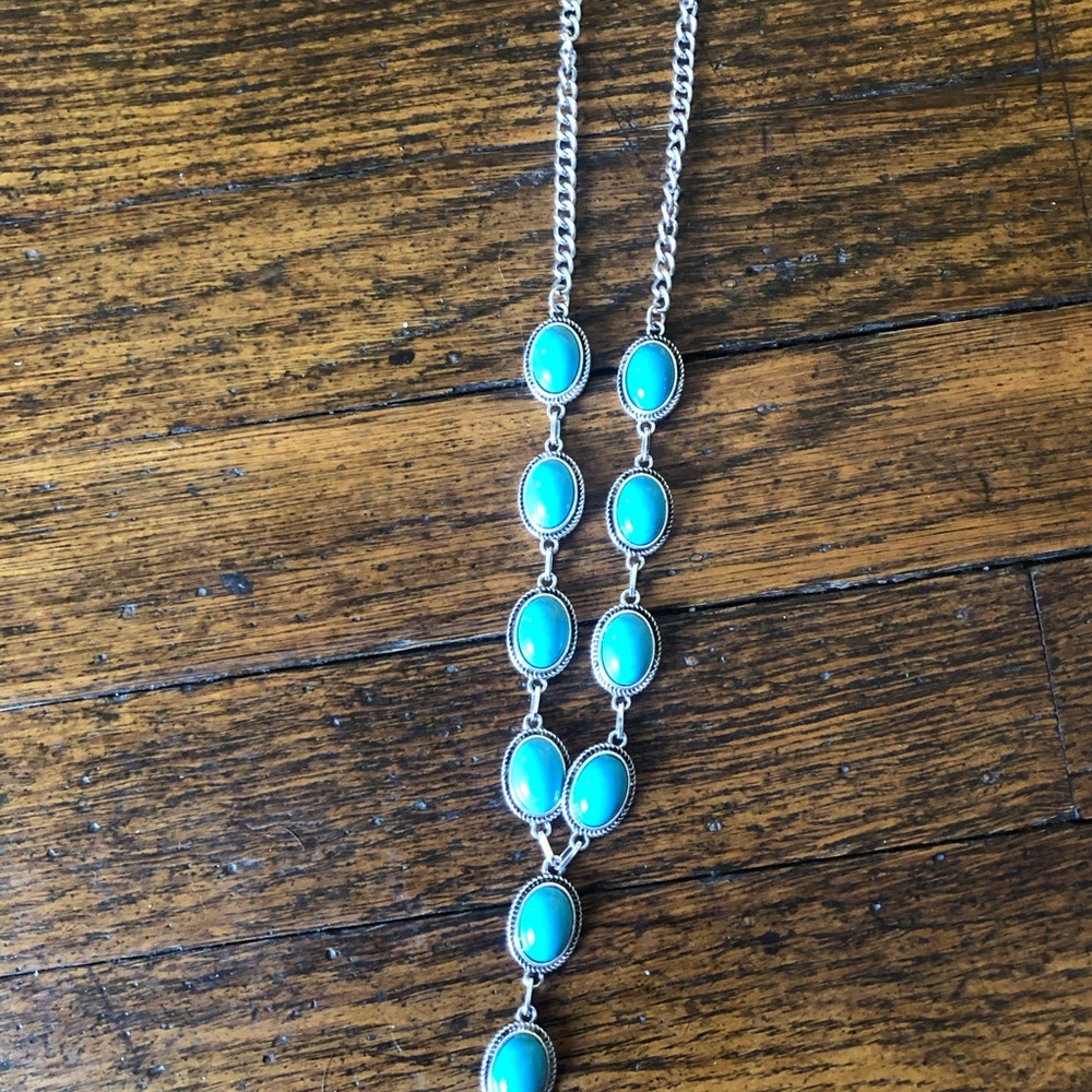 ⭐️ Western Boho Lariat Y Shape Silver and Faux Turquoise Drop Necklace NWOT - Picture 11 of 13
